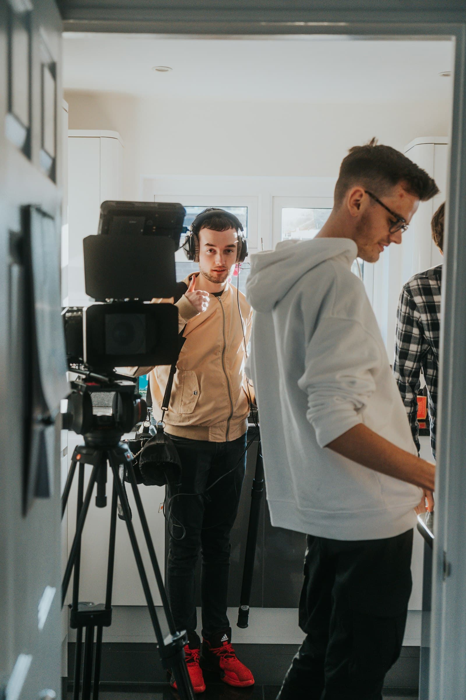 Film crew camera setup for a production shoot